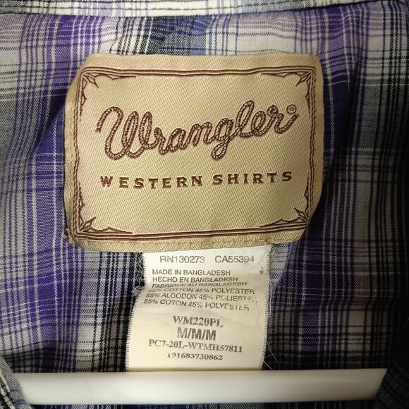 Vintage Wrangler Western Plaid Short Sleeve Shirt Pearl Snap Front Size M Purple - Picture 2 of 7